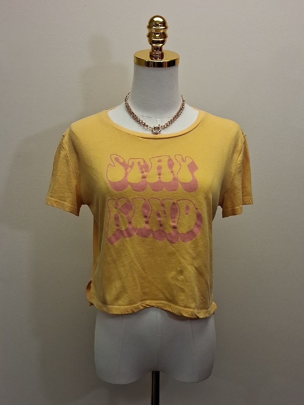 FREEZE Stay Kind Yellow Graphic Baby Tee Crop Top Size Medium